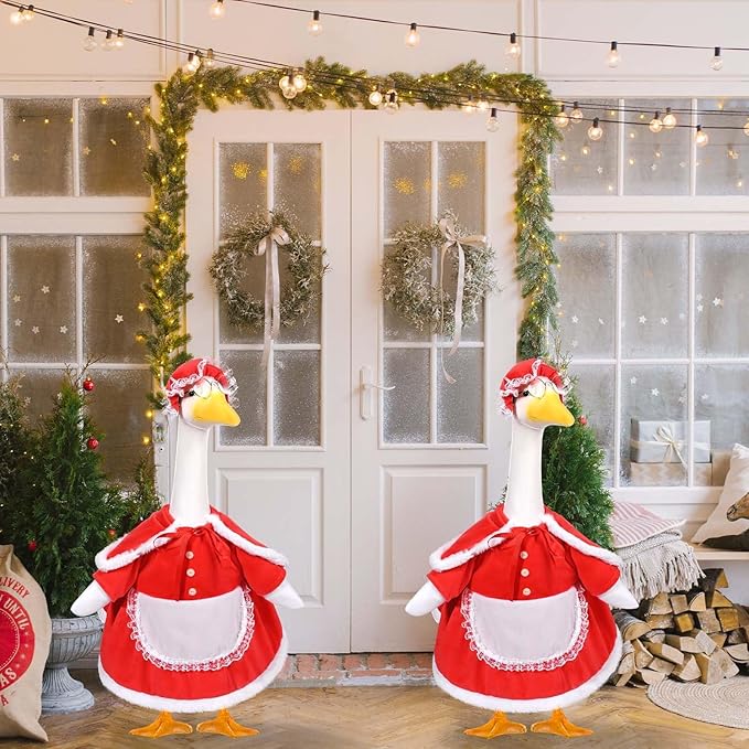 Mrs. Claus Porch Goose Outfits Christmas Lawn Goose Clothes Fits 23" Cement Plastic Goose Statue for Christmas Outdoor Garden Yard Patio Statue Art Decoration