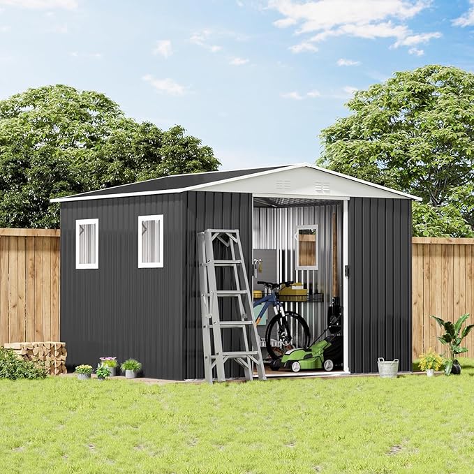 10FT x 8FT Outdoor Storage, Metal Anti-Corrosion Utility Tool House with Lockable Door & Shutter Vents，Outdoor Waterproof Garden Tool Storage Sheds