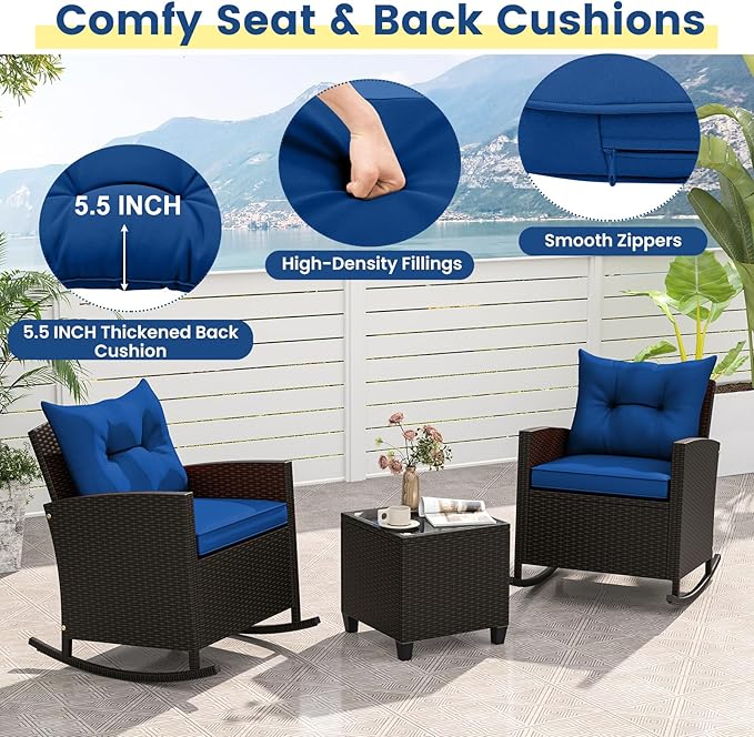 ORALNER 3 Pieces Patio Furniture Set, Outdoor Wicker Rocking Chairs with Soft Cushions, Glass Coffee Table, Rattan Conversation Bistro Set for Front Porch Balcony Garden Deck Poolside (Navy)