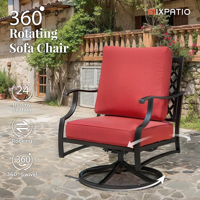 Patio Furniture Set 6 pcs, Outdoor Patio Furniture, 3-Seat Sofa, 2 Swivel Chairs, 2 Ottomans, Coffee Table and 5.75" Extra Thick Cushion, Conversation Set for Backyard Deck, Red