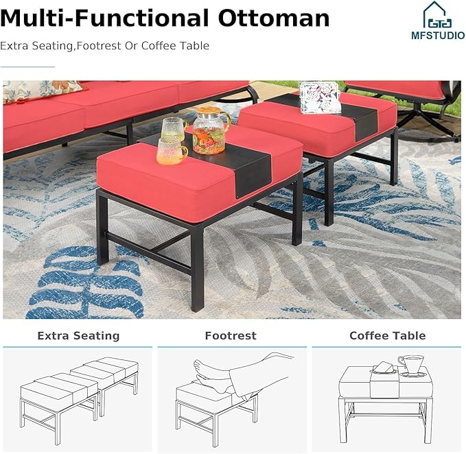 MFSTUDIO 6 Pieces Patio Furniture Sets with 45" Gas Fire Pit Table(Up to 7 Seat),Outdoor Metal Frame Patio Conversation Sofas with 1 x 3-Seat Sofa, 2 Swivel Chairs and 2 Ottoman, Burgundy Cushion