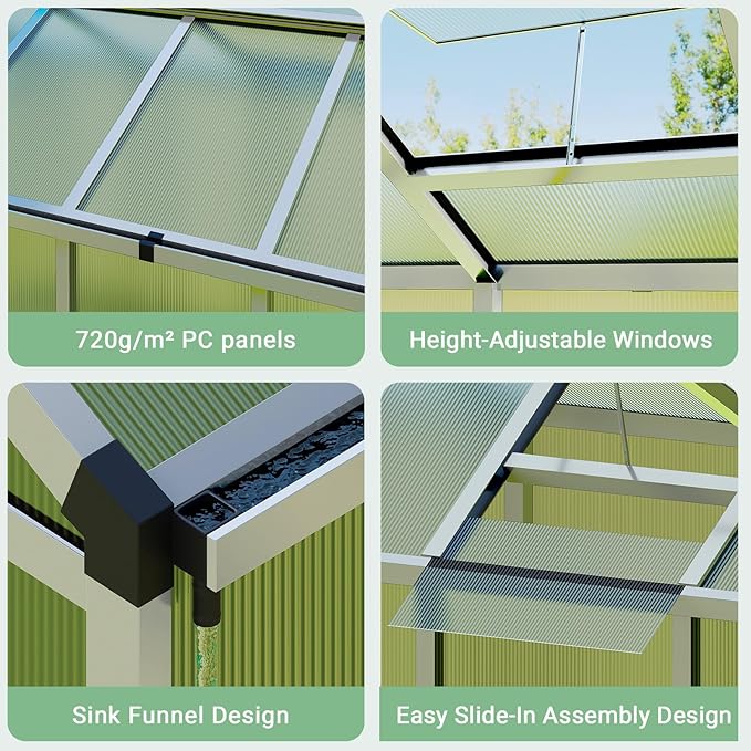 6x10 FT Greenhouse, Easy Assembly Aluminum Polycarbonate Greenhouses for Outdoors with Roof Vent, Large Aluminum Walk-in Greenhouse for Sunroom Patio, Backyard, Garden, Sliding Lockable Door, Silver