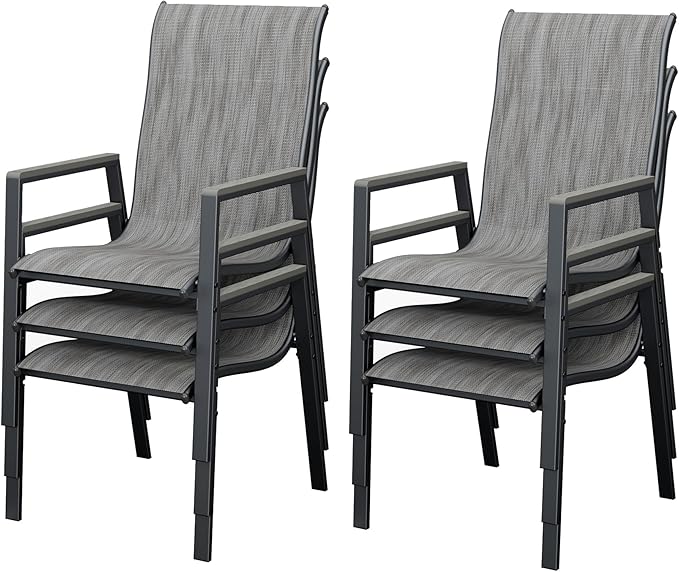 UDPATIO Patio Chairs Set of 6, Outdoor Stackable Dining Chairs with All Weather Breathable Textilene, High Back Metal Frame for Lawn Garden Backyard Deck, Grey White