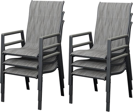 UDPATIO Patio Chairs Set of 6, Outdoor Stackable Dining Chairs with All Weather Breathable Textilene, High Back Metal Frame for Lawn Garden Backyard Deck, Grey White