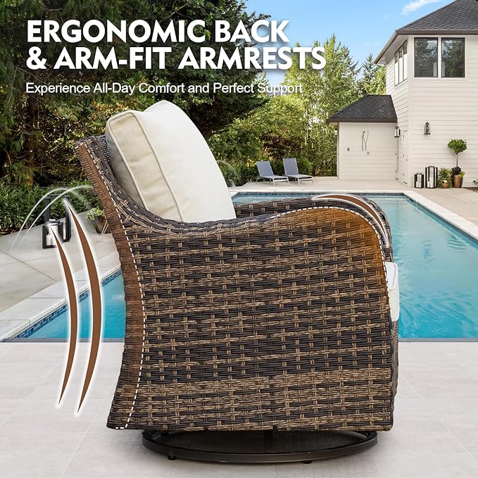 MEISSALIVVE Outdoor Patio Furniture Set with 43" Fire Pit Table, 9 Pieces Wicker Patio Conversation Set with Swivel Chairs, Outdoor Patio Set for Lawn Backyard Porch (Brown)