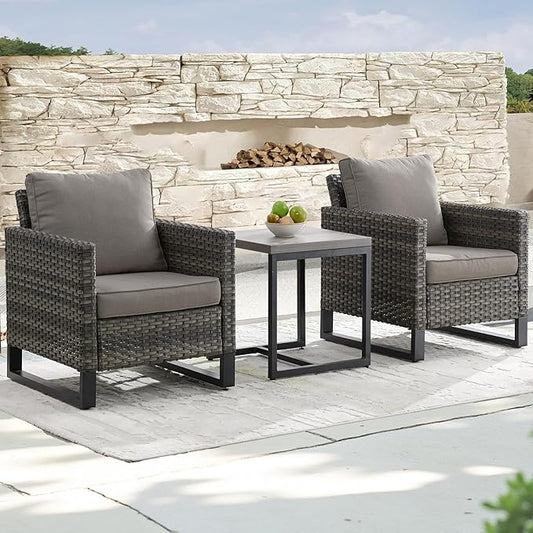 Rilyson Wicker Outdoor Patio Chairs Set - 3 Piece Rattan Patio Furniture Bistro Chairs Set with Waterproof Wicker,Comfortable Cushions and Sturdy Metal Frame for Porch Deck Backyard(Mixed Grey/Grey)