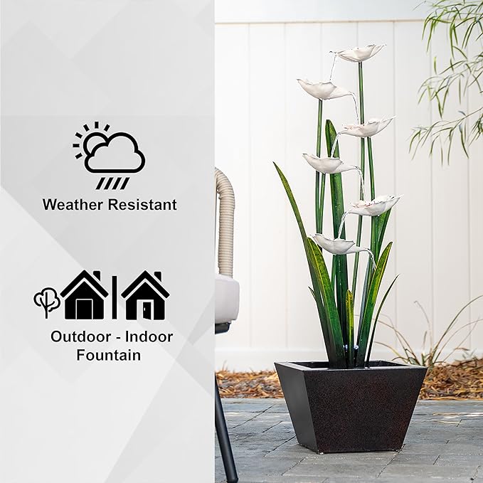 XBrand Metal Sculptural Multi-Tiered Flower Water Fountain, w/LED Lights, Multicolored, 39" Tall
