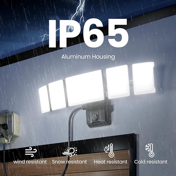 Olafus 120W Plug in Flood Lights Dusk to Dawn LED Outdoor Light with Remote, 5 Adjustable Heads IP65 Waterproof LED Security Light with Photocell for Yard Garden Porch Black