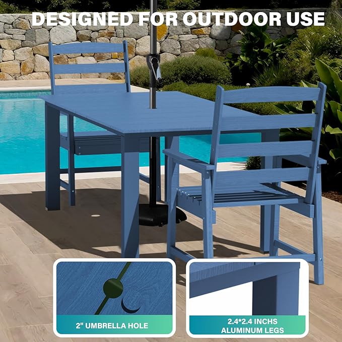 LOUNZY 9 Pieces Patio Dining Sets, 90'' Table Outdoor HDPE Furniture Set w/ 2" Hole Cut-Out Dining Table with 8 Patio Chairs for Lawn, Pool and Yard, Navy