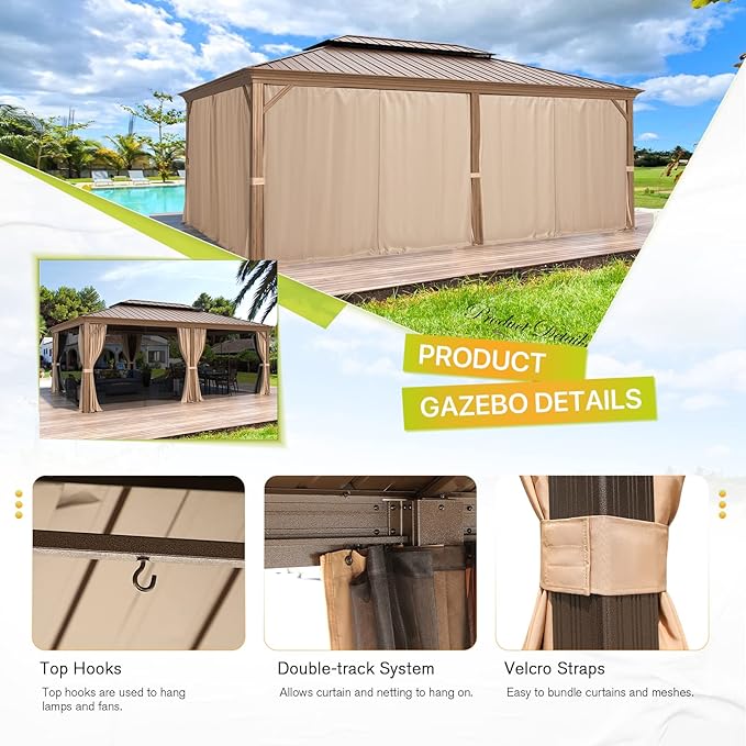 MELLCOM 14'x20' Gazebo, Galvanized Steel Double Roof with Wood Grain Aluminum Frame, Outdoor Permanent Metal Pavilion with Curtains and Nettings for Patio, Backyard and Deck