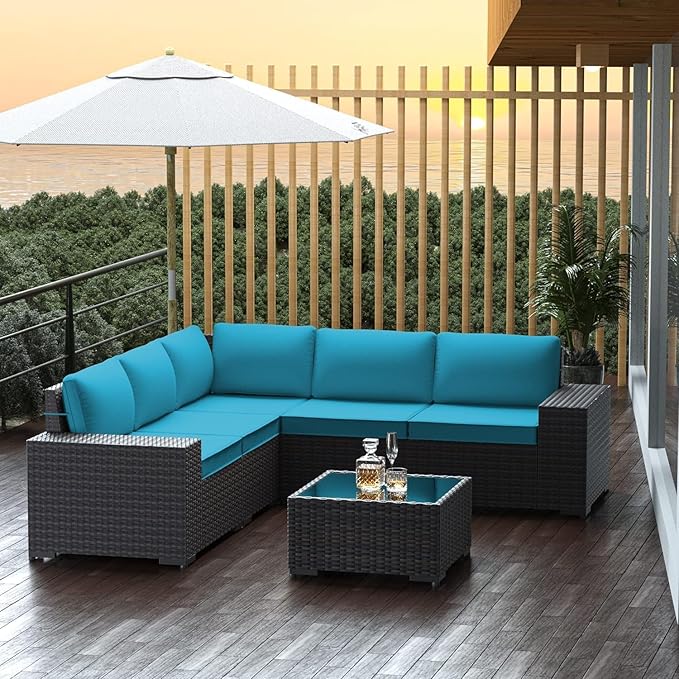 Outdoor Patio Furniture Set, 6 Pieces Outdoor Furniture All Weather Patio Sectional Sofas PE Wicker Modular Conversation Sets with Coffee Table,5 Chairs & Seat Clips Turquoise Blue.