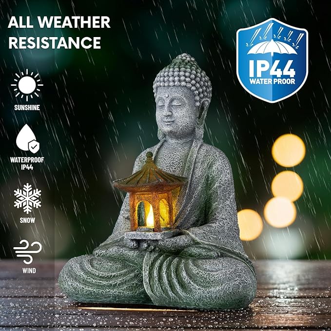 Buddha Garden Statue with Solar Light, Resin Zen Decor for Outdoor Patio or Indoor Meditation, Spiritual Gift for Women and Friends (Grey Pavilion)