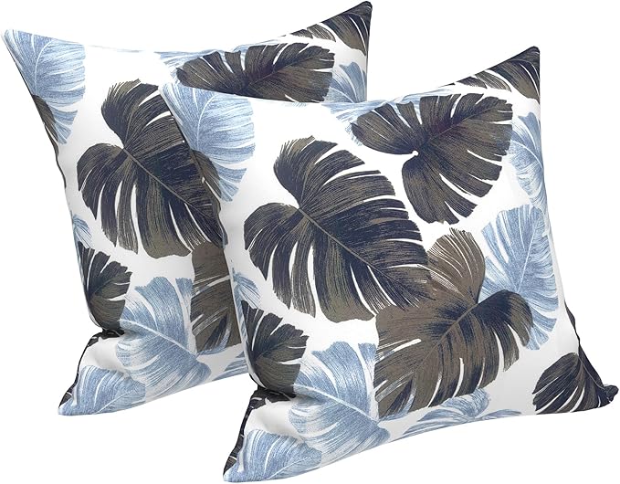 LVTXIII Outdoor Throw Pillows, Decorative Throw Pillows with Inserts, 16"x16" Square Pillows for Bed, Couch, Sofa and Patio Furniture, Set of 2, Monstera Blue