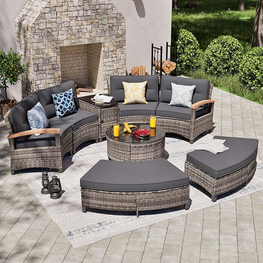 MEISSALIVVE 8 Piece Outdoor Patio Furniture Set, Half-Moon Curved Sectional Set with Wood Armrests, Patio Conversation Set, 2 Half-Moon Ottomans，Coffee & Side Tables (Grey)