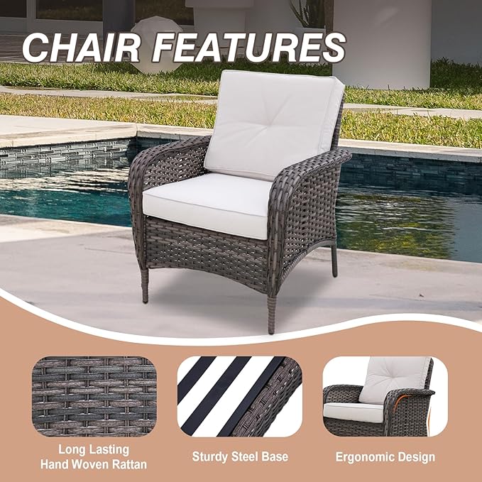 COOS BAY Vintage Courtyard Patio Chairs, Wicker Armchairs, Rattan Patio Dining Set of 4, Outdoor Seating for Deck or Balcony, Gray/Beige