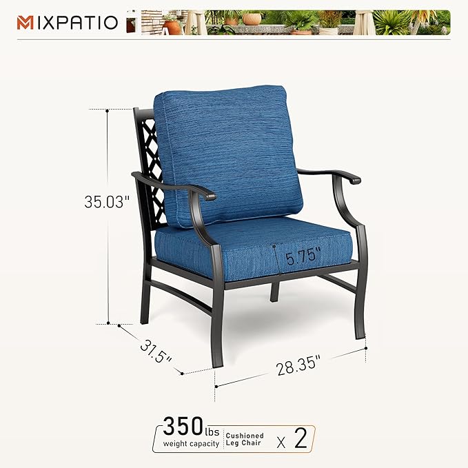 Patio Chairs Set of 2, High Back Outdoor Patio Metal Leg Chairs with 5.75" Thick Cushions for Bistro Balcony Porch Deck and Yard, Peacock Blue