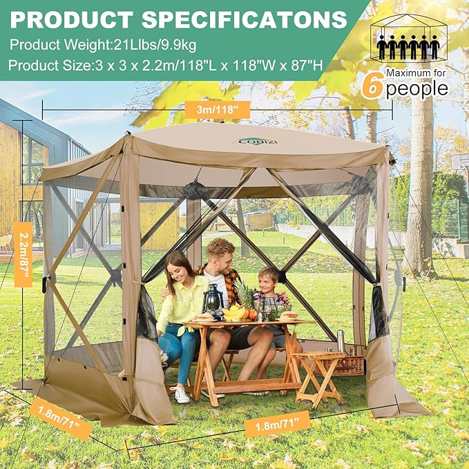 COBIZI 10x10ft Pop up Gazebo Screen House Tent for Camping, Pop-up Camping Canopy with Mesh Windows,Portable Outdoor Quick-Set Hub Tent with Carrying Bag&Ground Stakes,Khaki(Upgraded 2.0)