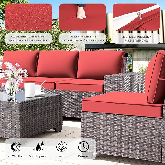 Outdoor Patio Furniture Set, 12 Pieces Outdoor Furniture All Weather Patio Sectional Sofas PE Wicker Modular Conversation Sets with Coffee Table,10 Chairs & Seat Clips Red.