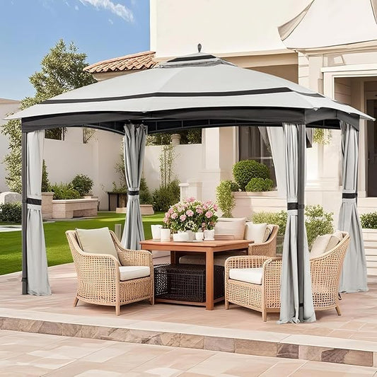 11x13 Gazebo for Patio, Gazebo with Curtains& Sandbags, Double Tier Roof Marquee Canopy for Garden, Deck, Backyard, Lawn (Grey)-Netting not Included