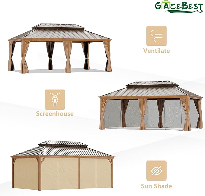 12'x20' Hardtop Gazebo, Outdoor Aluminum Patio Gazebo Double Roof Galvanized Steel Wooden Finish Coated Canopy with Netting and Curtains for Garden, Patio, Backyard, Deck and Lawns.