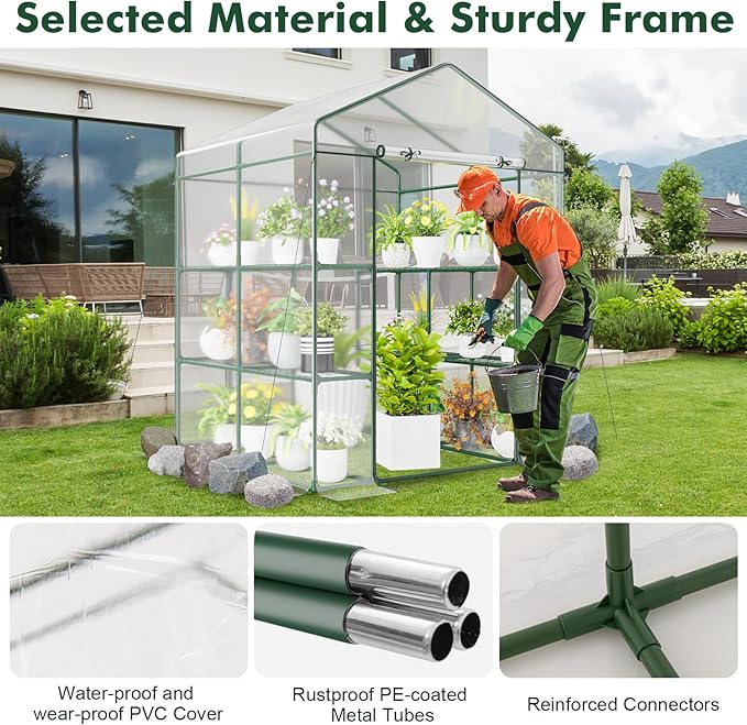 Happygrill Walk-in Greenhouse, Winter Hot House w/4 Tiers, 8 Shelves, Roll-up Zippered Door, Waterproof PVC Film, Portable Greenhouses for Outdoors for Potted Plants, Fruits, Vegetables, Flowers