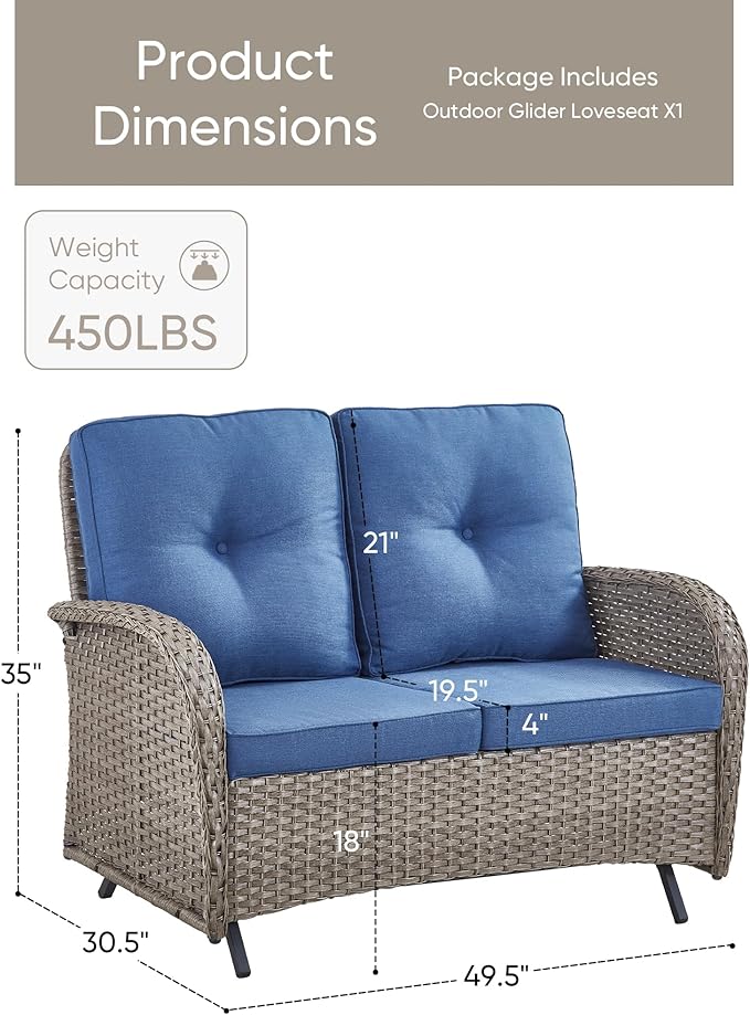 HUMMUH 2-Person Outdoor Glider Bench-All-Weather Wicker Patio Double Swing Rocking Chair Patio Loveseat for Deck Lawn Porch Balcony Poolside-Grey/Blue