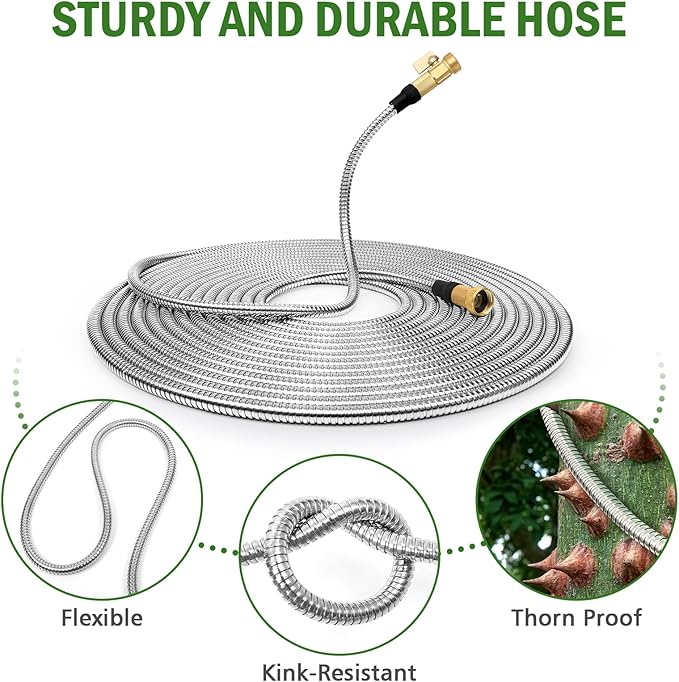 TOOLCY Garden Hose 50FT x 1/2inch, 304 Stainless Steel Garden Hoses, Heavy Duty Metal Water Hoses for Outdoor Flexible, No-Kink & Tangle, Puncture Resistant