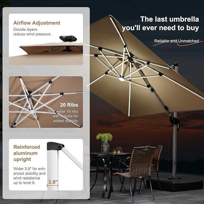 PURPLE LEAF 10 Feet Double Top Deluxe Solar Powered LED Square Patio Umbrella Offset Hanging Umbrella Outdoor Market Umbrella Garden Umbrella, Beige
