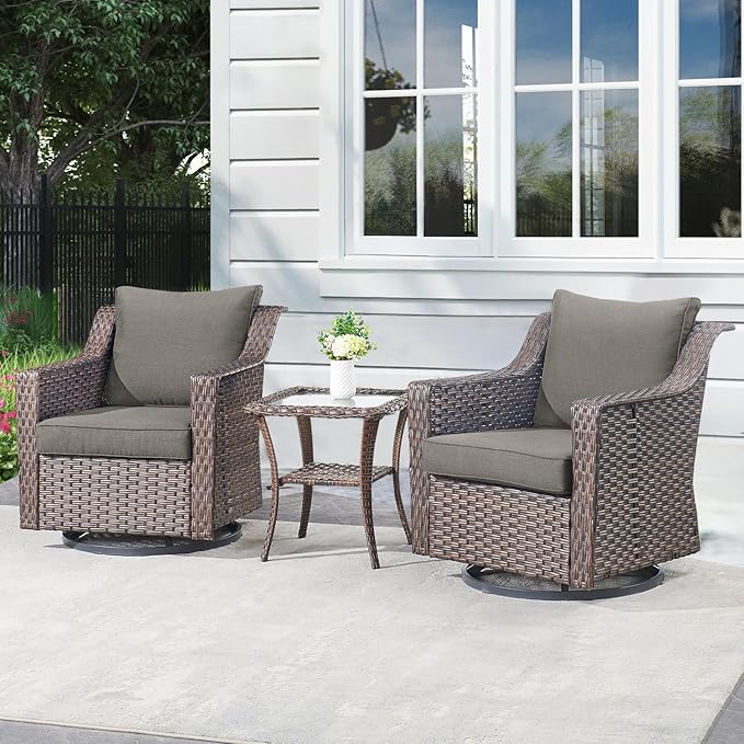 Outdoor Patio Table and Chairs Set - 3 Piece Outside Wicker Conversation Bistro Dining Furniture Sets with Glide Rocking Swivel Chair and Glass Top End Tables for Front Porch Balcony Yard – Brown/Grey