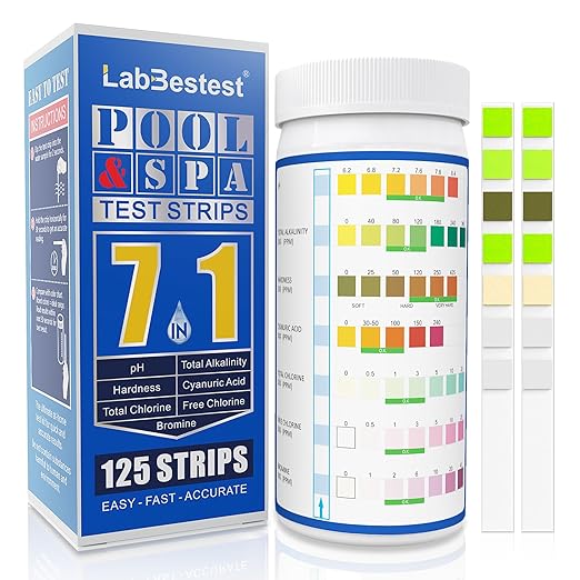 Pool Spa and Hot Tub Test Strips - 125 Pool Spa Test Strips - Swimming Pool Water Testing Kit - Rapid Accurate Easy to Test pH, Hardness, Bromine, and More (7-Way)