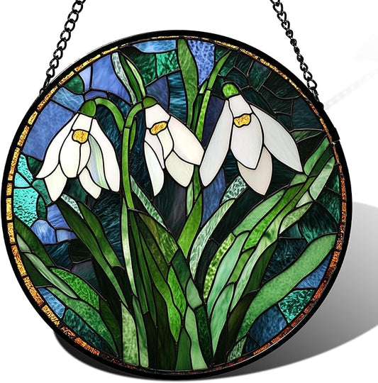 Stained Glass Window Hanging - Green Plants Birth Flowers Suncatcher for Doors Garden Patio Sun Catchers Decor Christmas Mother's Day Birthday Gifts for Women Men Mom Nana Friend 9.8 in