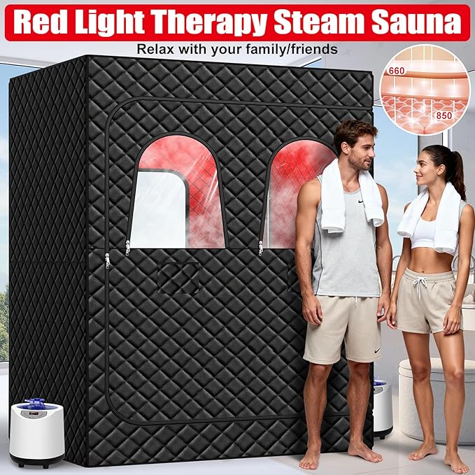 2 Person Infrared Sauna Box for Home, Portable Steam Sauna with 660nm Red Light Therapy Lamp, 5-Layer Waterproof, 2 Steamers, 2 Folding Chair