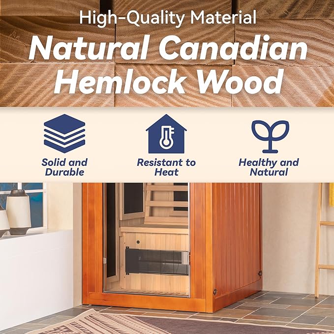 Woodbridge Infrared Home Sauna Room 1 Person Hemlock Wooden Indoor Sauna with 7 Carbon Heaters, Red Light Therapy, Bluetooth Speaker, Intelligent Control Panel, Tempered Glass & Top Vent
