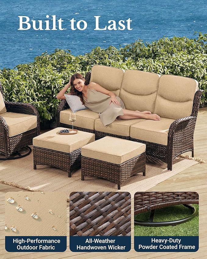HILLGA Luxury Patio Furniture Set with 6-Inch Thick Cushions, High Back Outdoor Swivel Rocker Chairs and Patio Couch, 7-Piece All Weather Conversation Set for Porch Deck Pool Yard, Beige (V3)