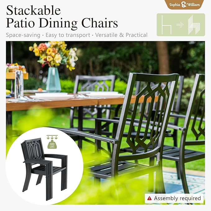 Sophia & William Round Patio Table and Chairs Set, Outdoor Dining Set for 6, 7 Piece Metal Patio Furniture, 54" Black Table(Geometry)