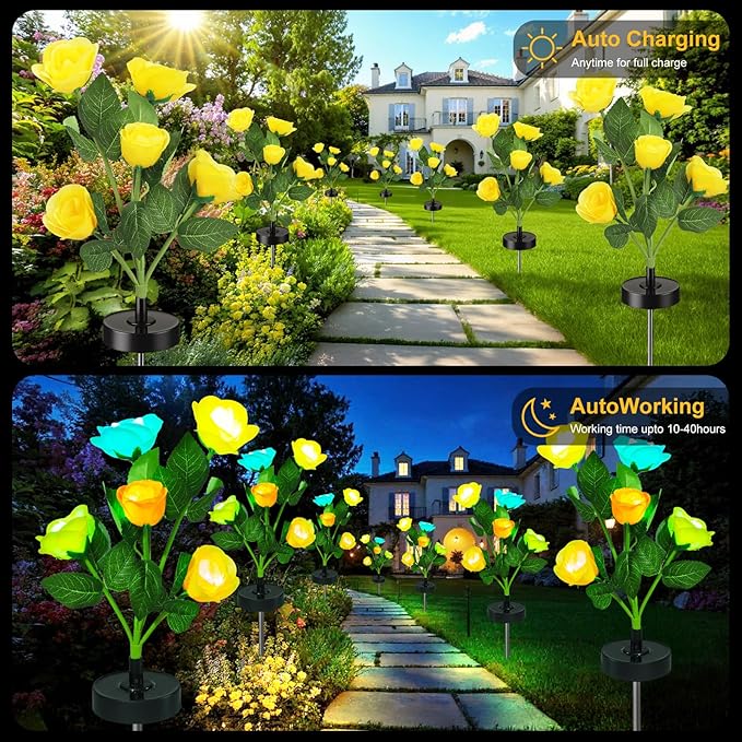 Solar Flowers Lights - Upgraded Outdoor Yellow Rose Flowers Lights, 7-Color Changing & Waterproof Outdoor Solar Lights for Garden, Patio, Backyard,Party and Office (Yellow Rose, 4)