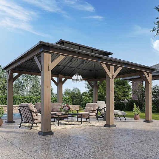 Aoxun 12' x 16' Outdoor Wood Gazebo, Hardtop Gazebo Permanent Wooden Pavilion with Galvanized Steel Double Roof, for Patio, Garden, Backyard, Cedar Wood