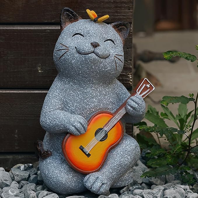 Cat Garden Statue Outdoor Decor, Cat Sculpture with Guitar and Butterfly for Yard Lawn Patio Balcony, Christmas Birthday Housewarming Gifts for Mom, Grandma, Women, 8.8 inch, Resin