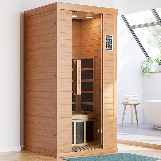 1- Person Infrared Sauna, Remotely Controllable Indoor Sauna, Low EMF 1200W/120V LCD Heater, WiFi & BT Control, 9-Color Light Therapy, Safe Flame-Retardant Material, Wood