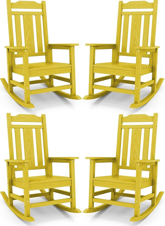 SERWALL Outdoor Rocking Chair Set of 4, Patio Rocking Chairs Set, HDPE Rocking Chair Outdoor for Adults, Heavy Duty Front Porch Rocker, Yellow