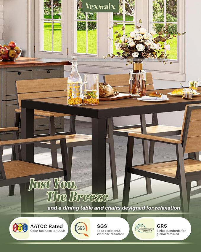 Outdoor Dining Set for 6, Patio Table and Chairs Set, Aluminum Patio Furniture Set with Umbrella Hole, HDPS Patio Dining Table Set for 6 (Gray-Teak)