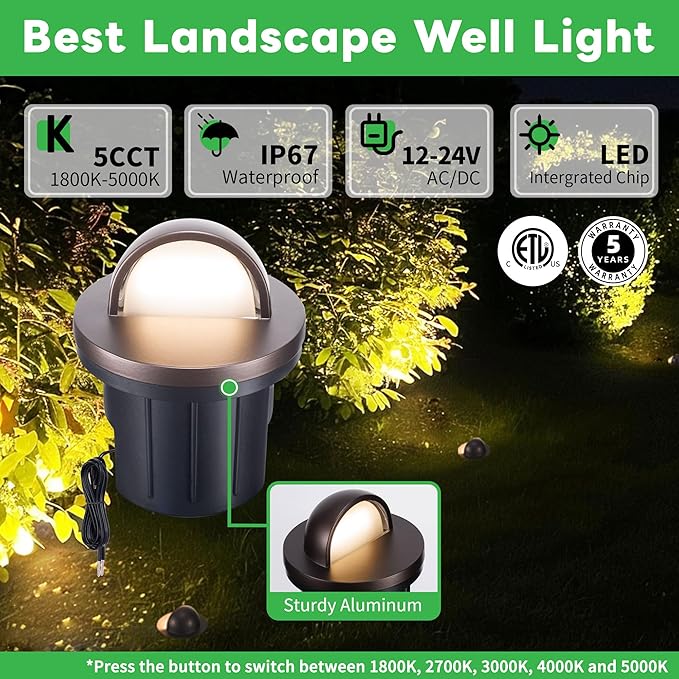 LED Well Light, 5 CCT Selectable (Warm to Cool White) In Ground Landscape Lights Low Voltage Outdoor, 12V IP67 Waterproof, No Glare Wired Aluminum ORB for Path Tree Fence 6W 420LM 4 Pack