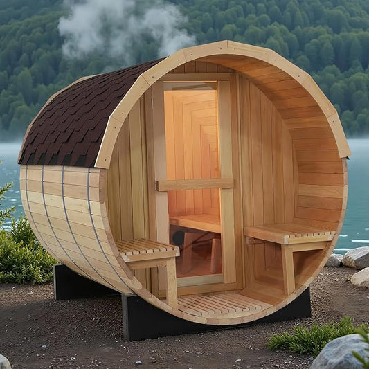 Outdoor Barrel Steam Sauna with Porch, Canadian Hemlock Wood Sauna 6 Person, 6KW Toule Heater, 220V, Waterproof System, Asphalt Shingles, Rugged Base(0-195℉)