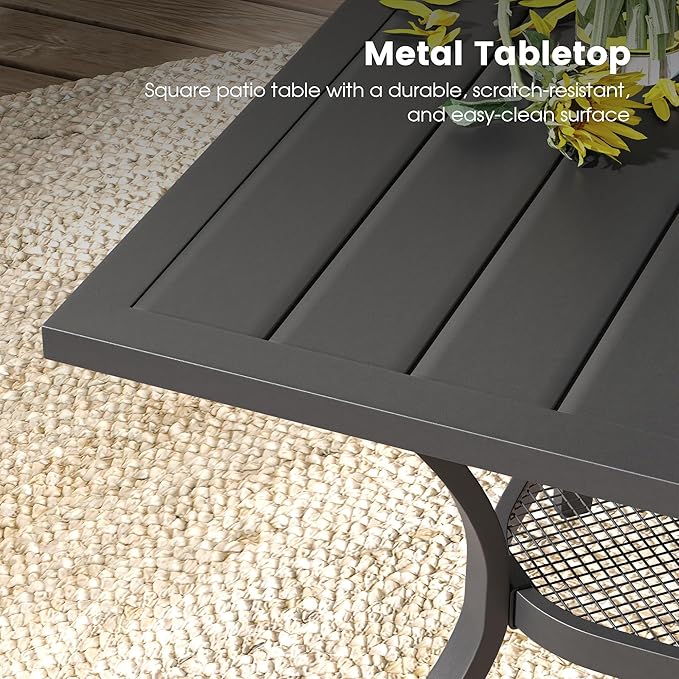 DIFY 5 Pieces Outdoor Patio Dining Set for 4, 37.8" Black Metal Square Dining Table and 4 Blue Textilene Patio Swivel Chairs, Outdoor Table and Chairs