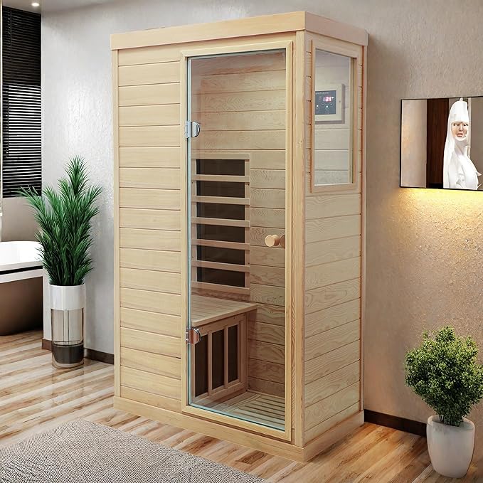 Infrared Sauna Single Hemlock Mini Far Infrared Sauna Box for Home on The Right with LCD Display, Bluetooth Audio, Natural