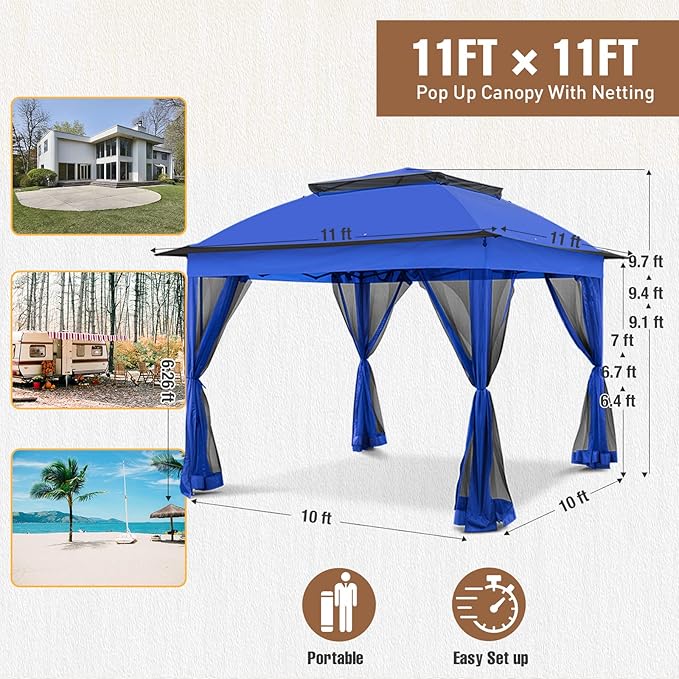 11x11 Outdoor Pop up Gazebo Tent with Mesh Walls for Patio, Lawn, Backyard and Deck, Blue