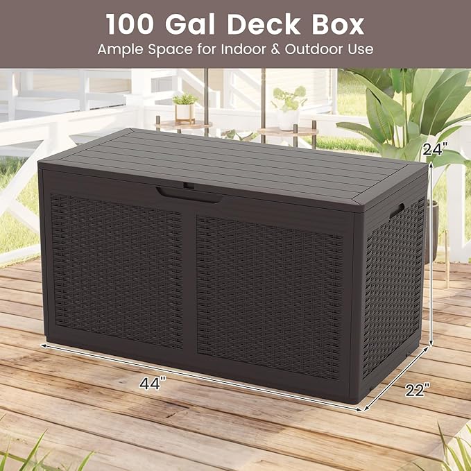 HAPPYGRILL 100 Gallon Resin Deck Box Outdoor Waterproof Storage with Lockable Lid, Rattan Texture Storage Container with Wheels for Pool Accessories, Garden Tool, Patio Furniture Cushion (Brown)