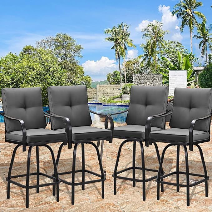 Patio Swivel Bar Stools, Outdoor High Back Swivel Bar Chair Set of 4 with Cushion & All Weather Steel Frame for Backyard, Lawn, Poolside and Balcony, Dark Gray