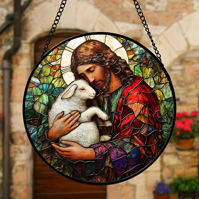 Stained Glass Window Hanging, Jesus Little Lamb Sun Catchers Colorful Glass Panel Christianity Suncatcher Decor for Birthday for Women, Men, Wife, Aunt, and Mom 7.8 in