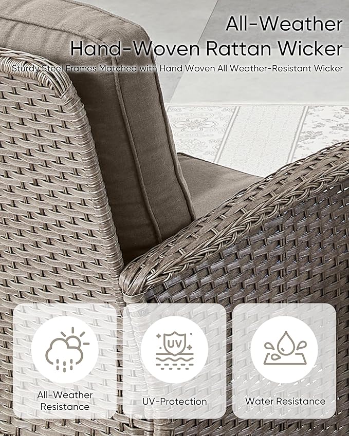 HUMMUH Wicker Patio Furniture Set-All Weather Rattan Patio Sofa Set with Swivel Rocker Chairs Outdoor Conversation Set for Deck Lawn Porch Balcony Poolside-Grey/Grey
